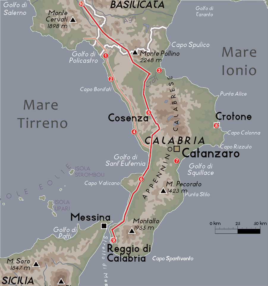 Il Bruzio  in epoca romana con la Via Popillia-Annia, la via costiera e i centri maggiori:  1 - Blanda Julia (Tortora) 2 - Cerillae (Cirella) 3 - Copia (già Sybaris e Thurii) 4 - Tempsa (già Tèmesa) 5 - Consentia (Cosenza) 6 - Vibo Valentia (già Hippònion) 7 - Scolacium 8 - Croton (Crotone) 9 - Regium (Reggio Calabria) 10 - Polla